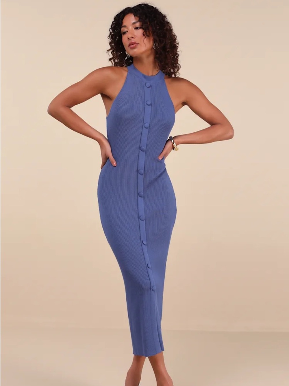 NWT Sz M Lulus Sunia Blue Sleeveless Button-Front Midi Sweater Dress Ribbed